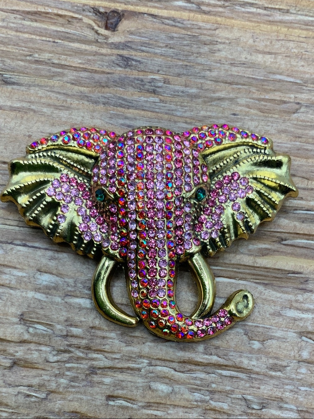 Elephant with Pink and Green Gold Tone Accents Brooch